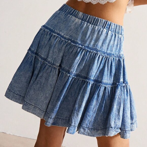 Blue Boho Women's Rose Embroidered Denim A-Line Skirt - Picture 2 of 7